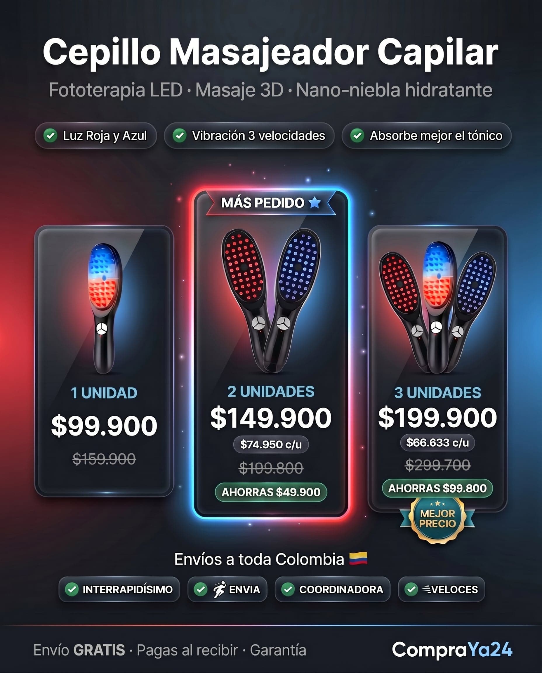 Cepillo Masajeador Capilar Eléctrico (Luz Roja/Azul + Vibración + Nebulizador) — foto 3