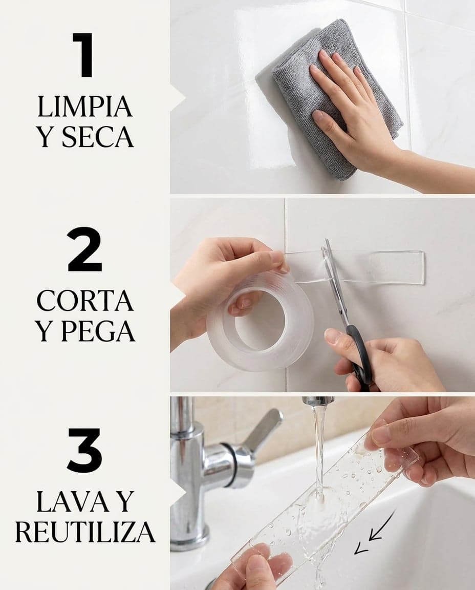 Cinta Doble Faz Nano Transparente Reutilizable — 3 metros — foto 5